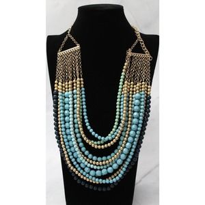 Magnificent 11 Strand Necklace in Shades of Greens, Blues, Gold, Black Beads N73